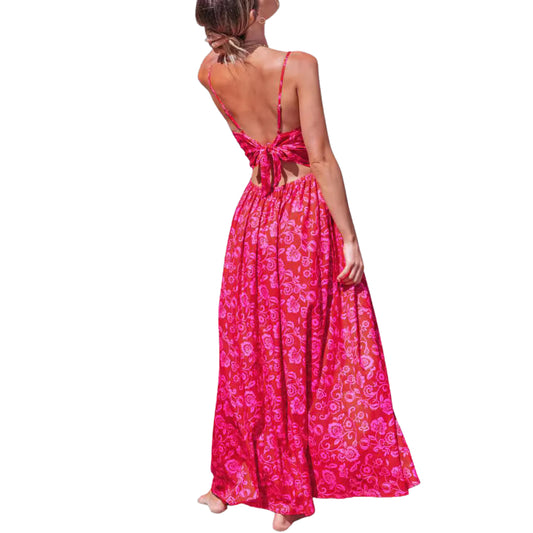 Women Floral Knotted V-Neck Long Dress